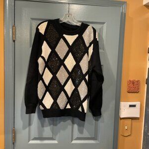 Alfred Dunner sparkly black/gray/white Argyle sweater, 80s, L, never worn